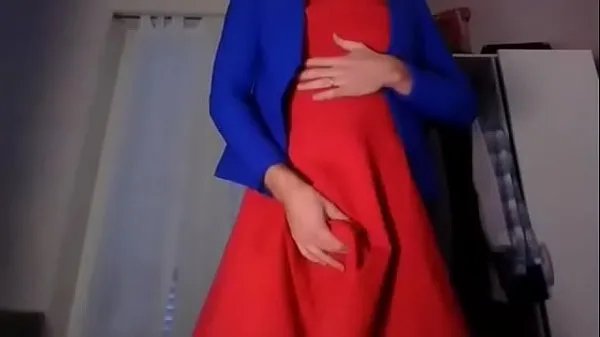 Friss Young amateur cross dresser teasing and touching in a sexy red dress and cute blue blazer back from the office meghajtócső